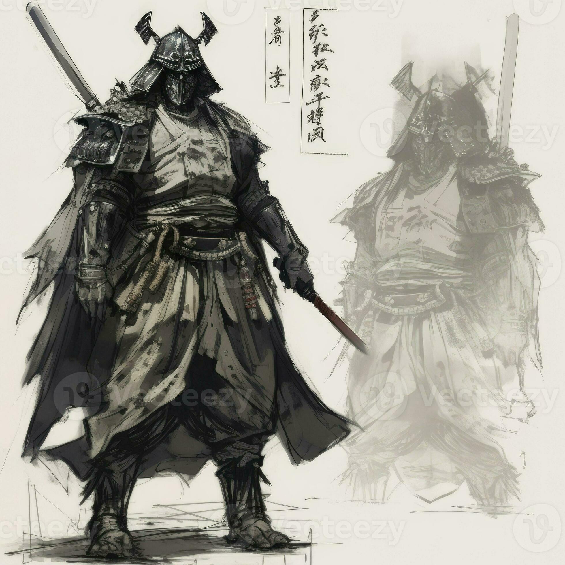 Um desenho preto e branco de um ninja com uma espada generativa ai