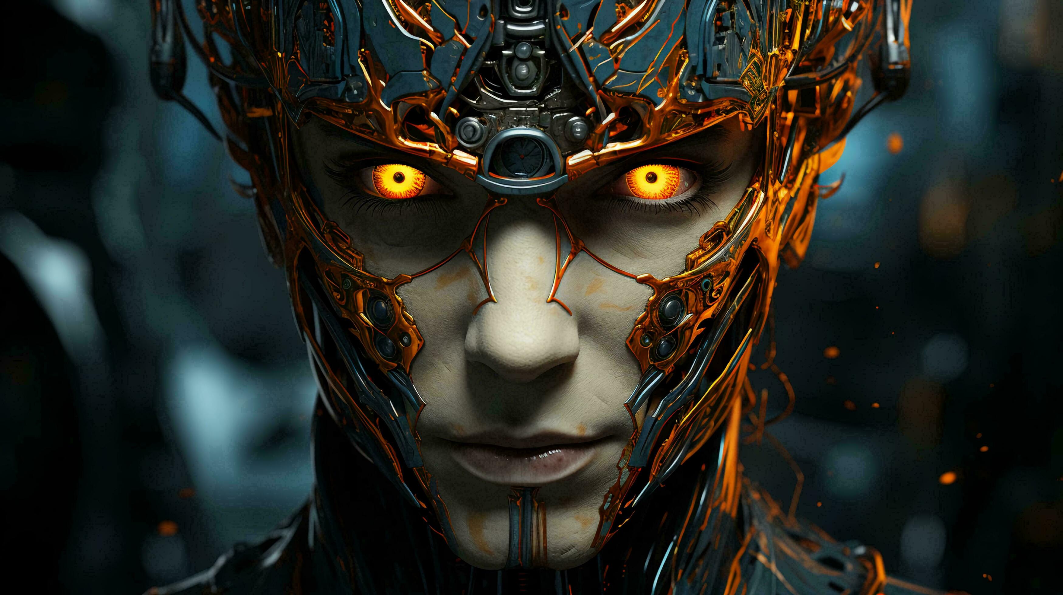 Robô com rosto humano jogando xadrez contra a tela do computador exibindo  oponente virtual generativo ai