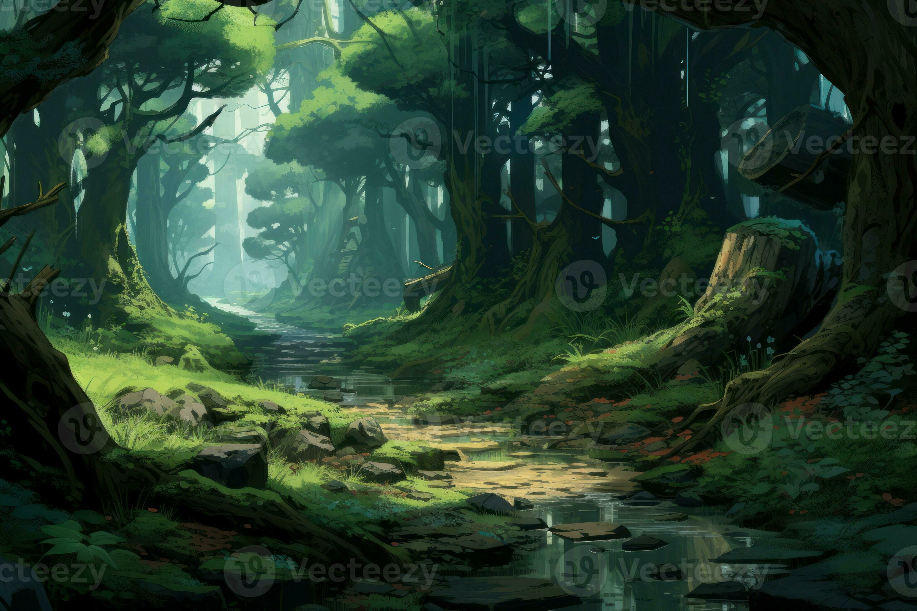 floresta depois de chuva animê visual romance jogo. gerar ai