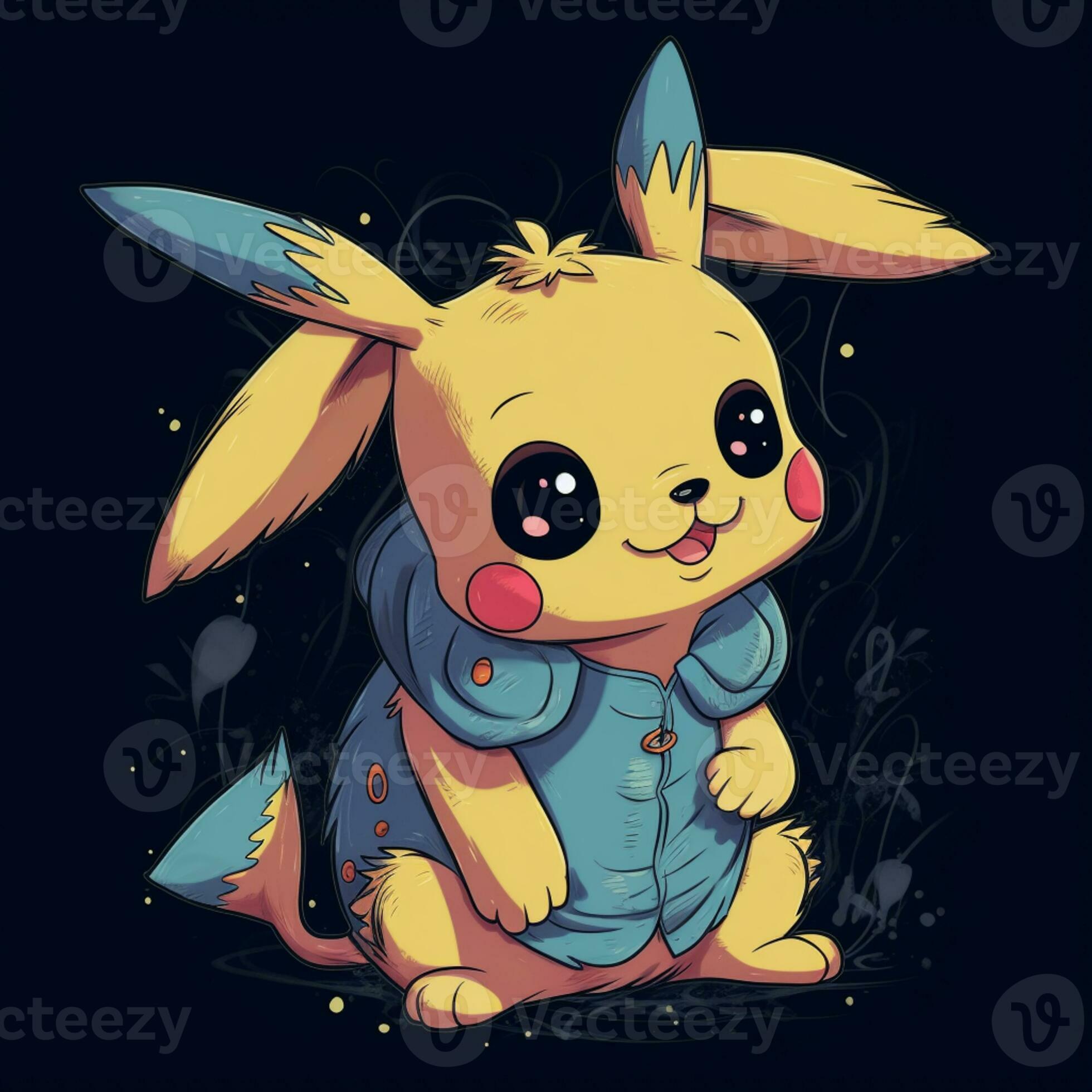 uma desenho animado azul e amarelo Pokémon personagem sentado em uma Preto  fundo. generativo ai. 28408527 Foto de stock no Vecteezy
