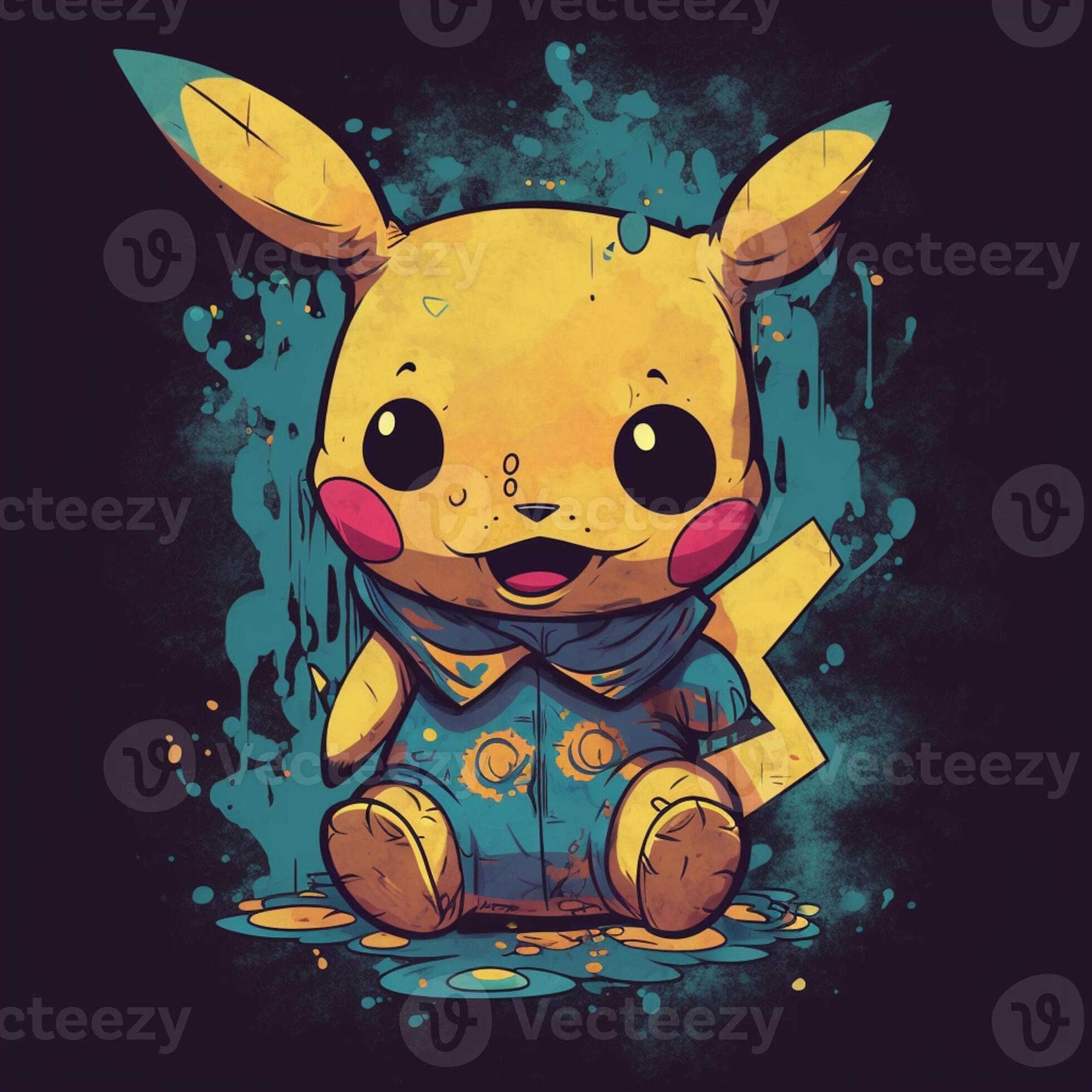 Pokémon Pikachu com uma amarelo e azul camisa e uma Preto fundo. generativo  ai. 28404991 Foto de stock no Vecteezy