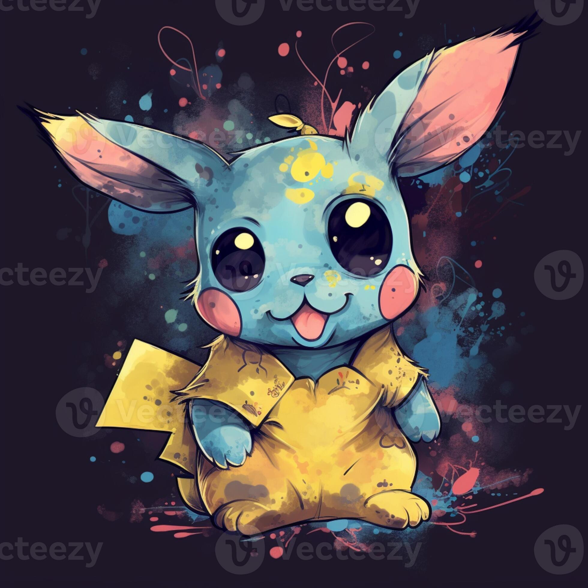 Pokémon Pikachu com amarelo olhos e azul rabo sentado em uma Preto fundo.  generativo ai. 28405022 Foto de stock no Vecteezy