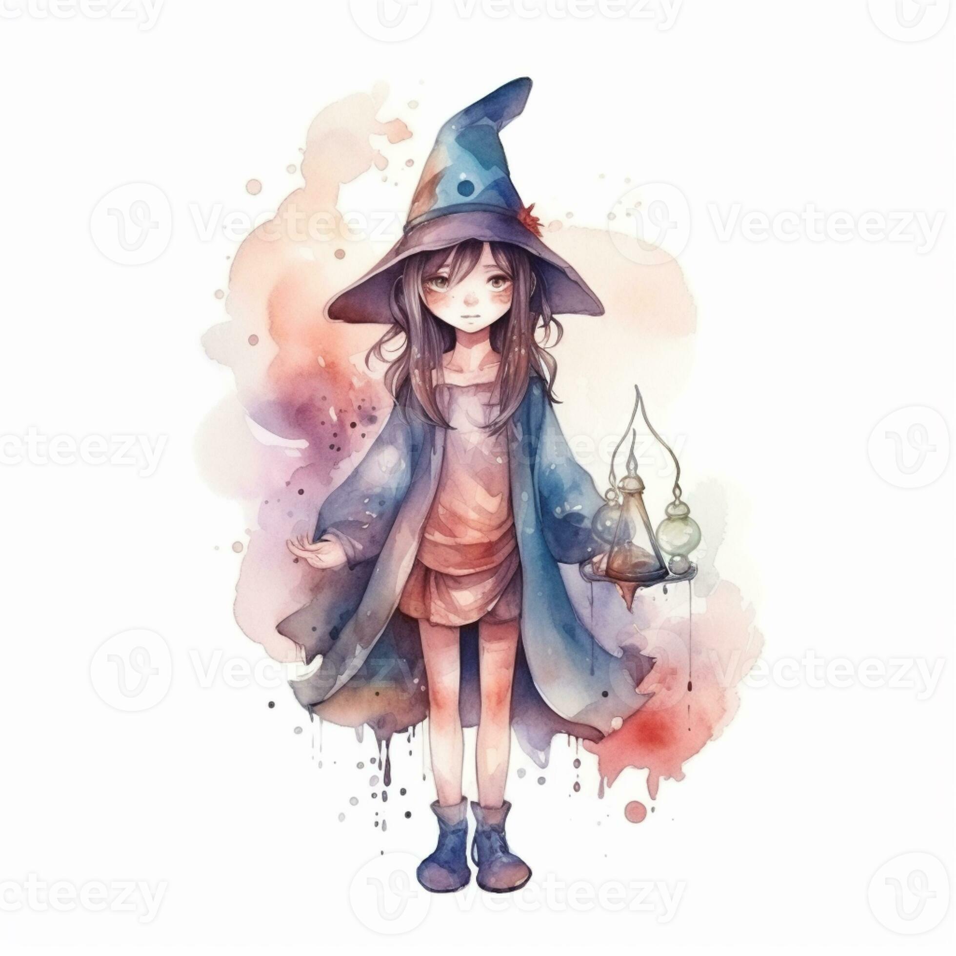Linda garota bruxa em estilo anime