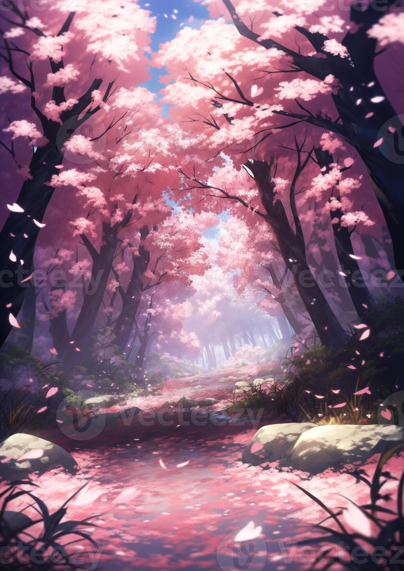 Fundo de anime, floresta, árvores e flores ao fundo