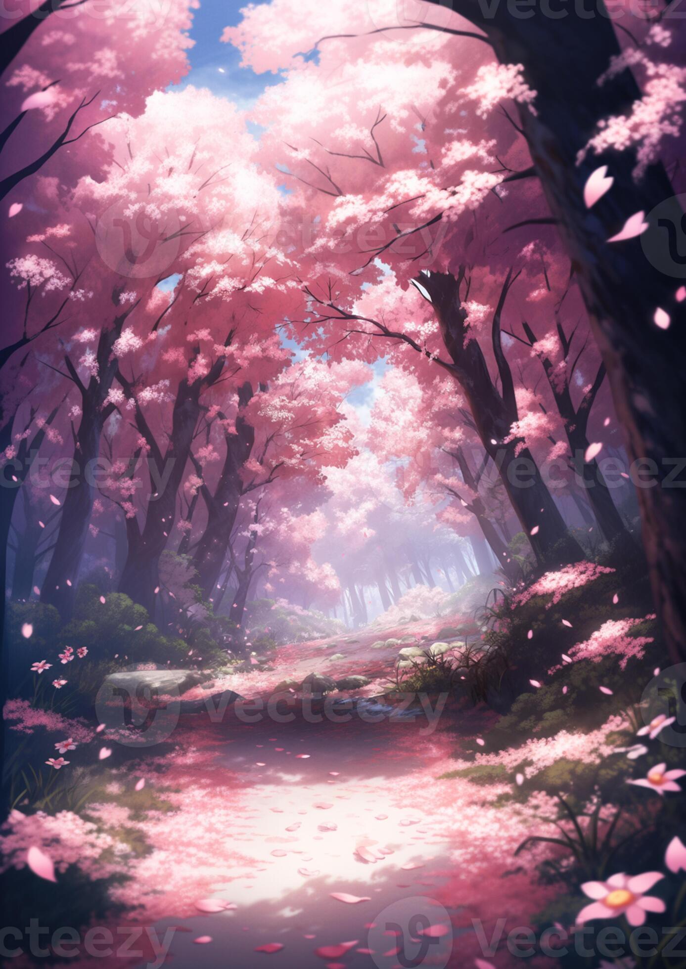 Fundo de anime, floresta, árvores e flores ao fundo