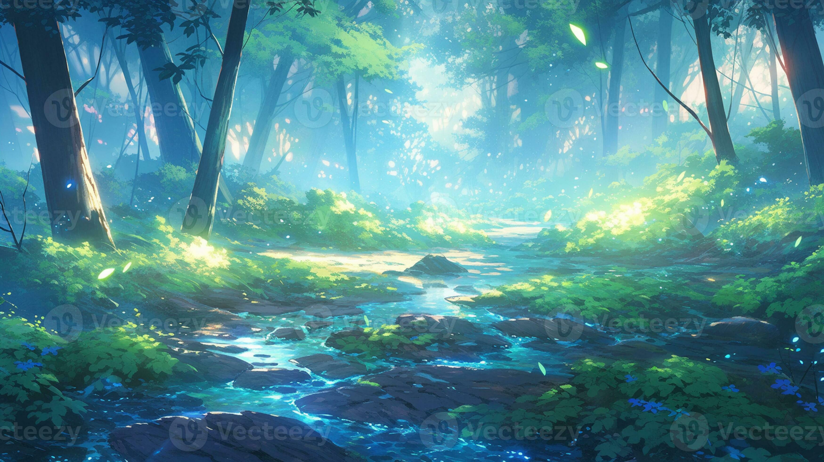 Cenário de anime de uma floresta com um riacho e borboletas ia generativa