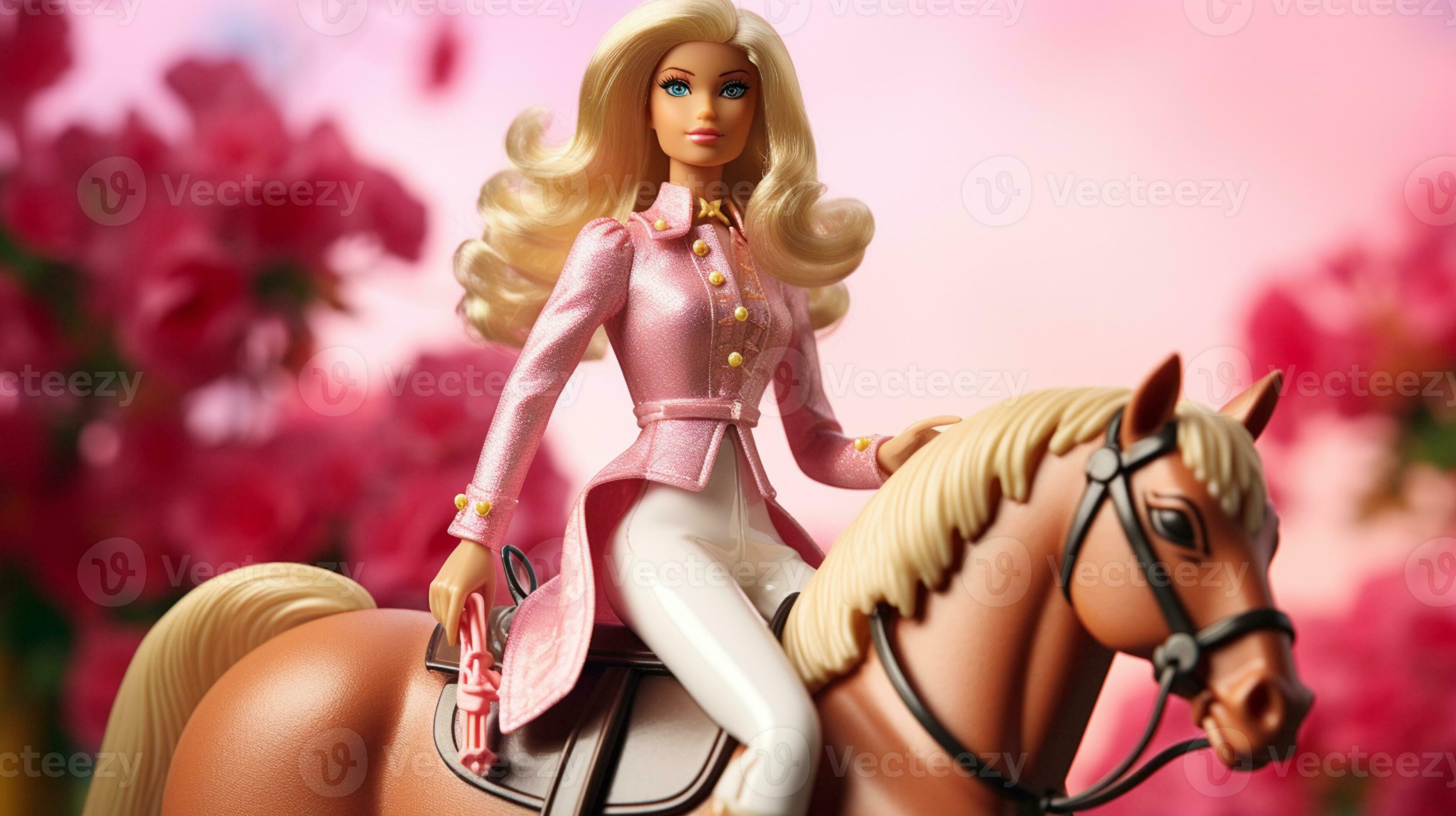 Barbie boneca equitação uma Rosa cavalo dentro uma campo do flores  generativo ai. 28463299 Foto de stock no Vecteezy