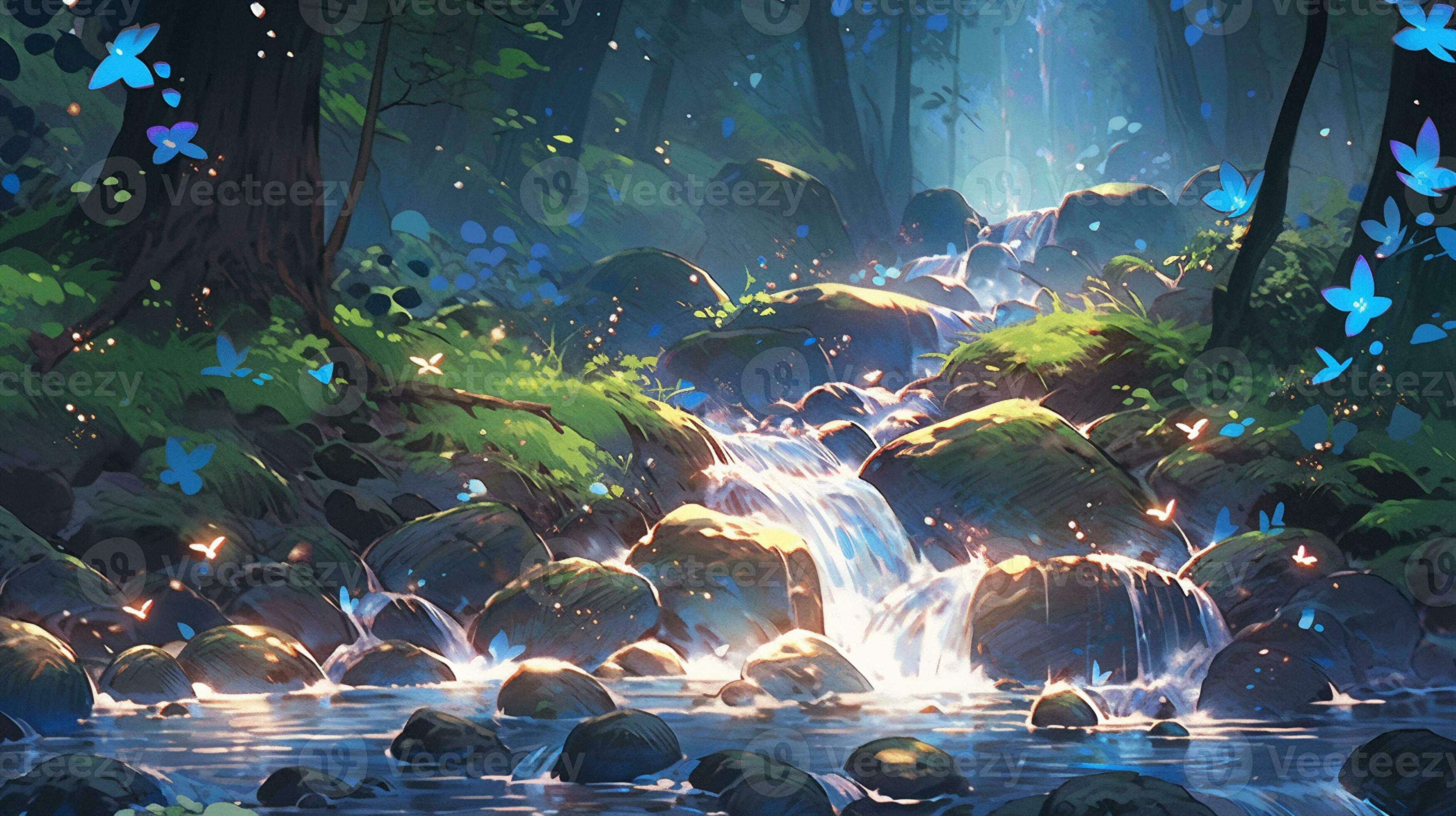 Cenário de anime de uma floresta com borboletas e um riacho generativo ai