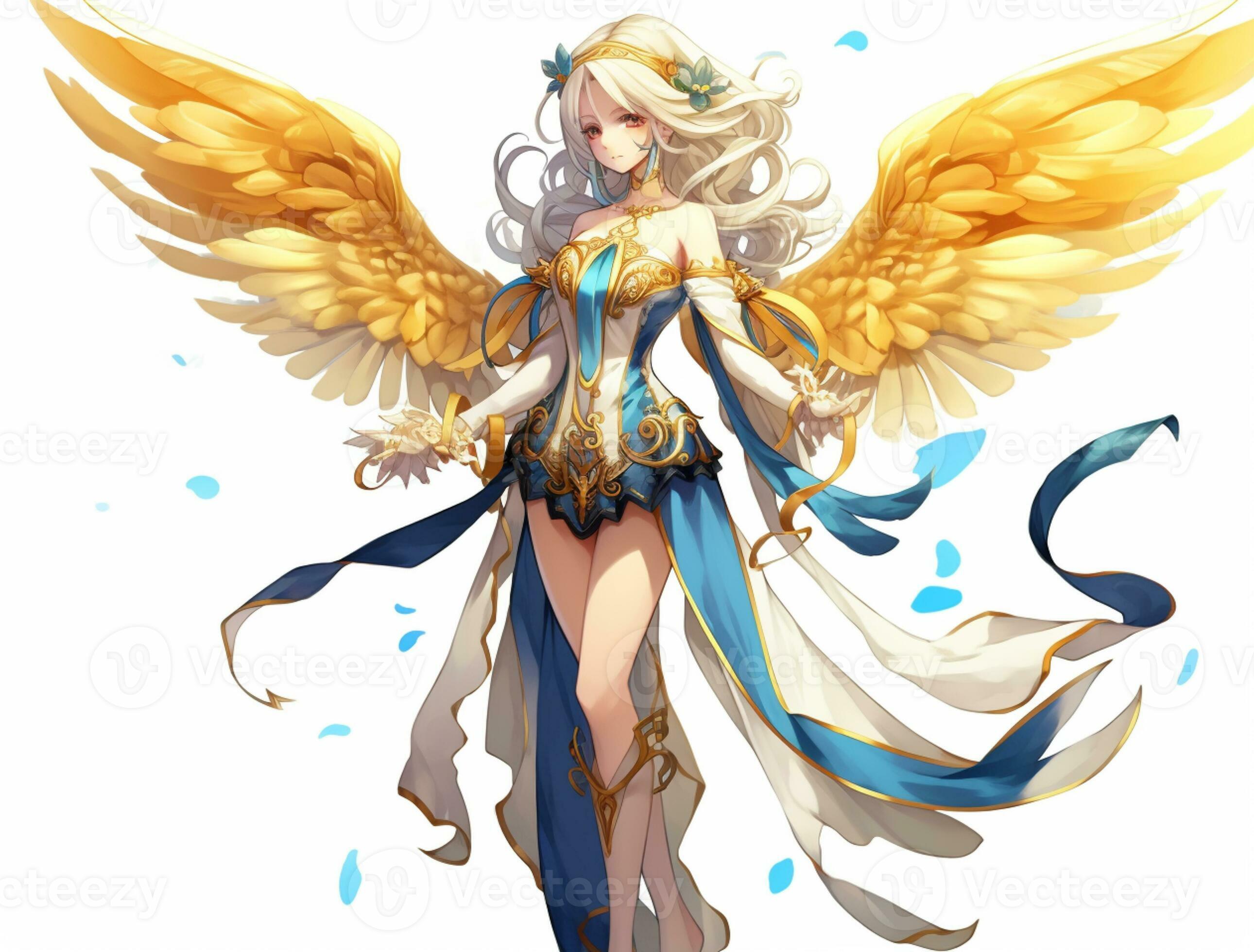 Desenho estilo anime de uma garota com cabelo comprido e asas de anjo  generativas ai