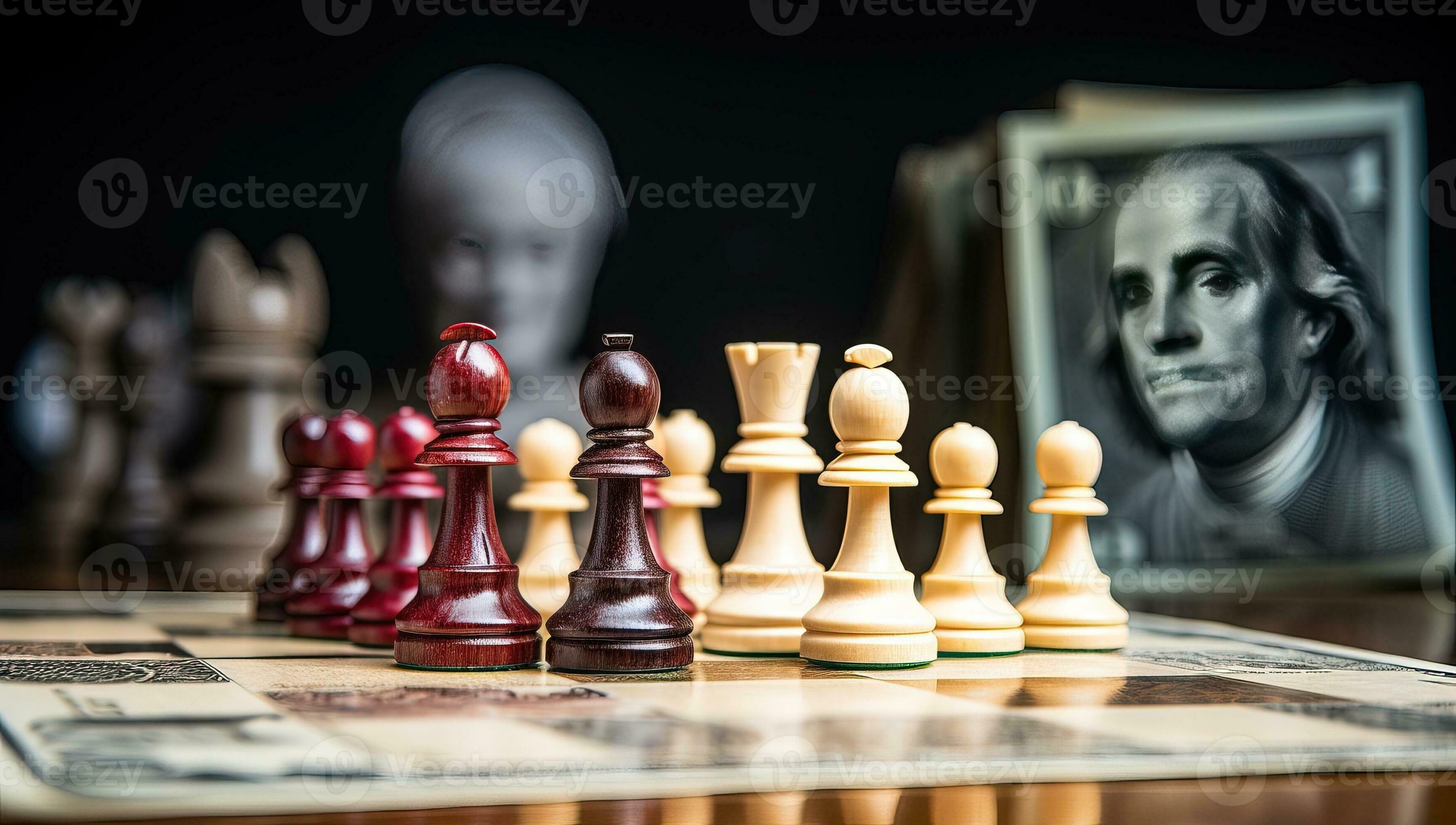 Peças de xadrez de madeira em um tabuleiro de xadrez, dois reis lado a  lado, o conceito de estratégia, planejamento e tomada de decisão