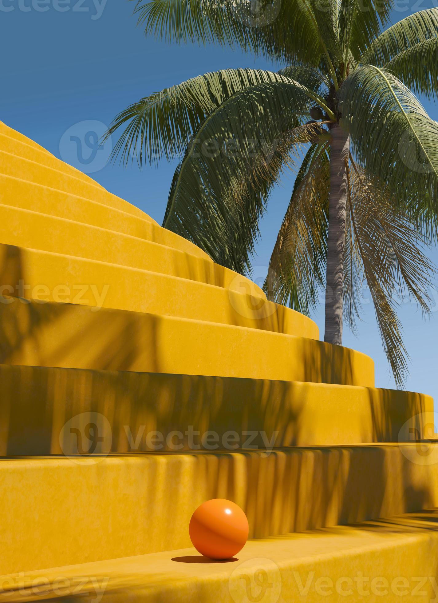 a bola laranja e passo amarelo, sombra de coco guarda-sol e céu azul,  abstrato para apresentação de temporada de verão. 5340931 Foto de stock no  Vecteezy