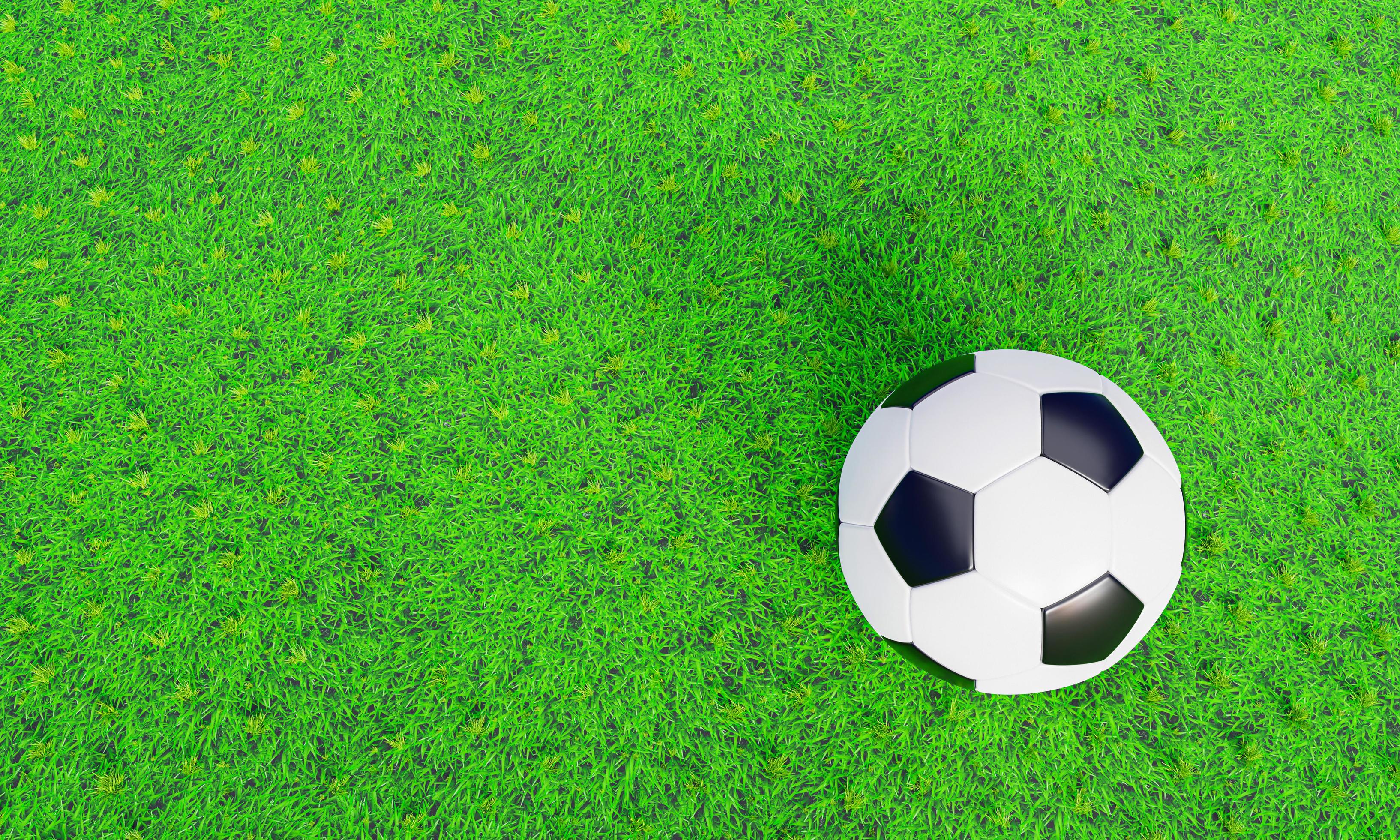 bola de futebol realista ou padrão básico de bola de futebol no campo de  grama verde. Estilo 3D e conceito de renderização para o jogo. use para  plano de fundo ou papel