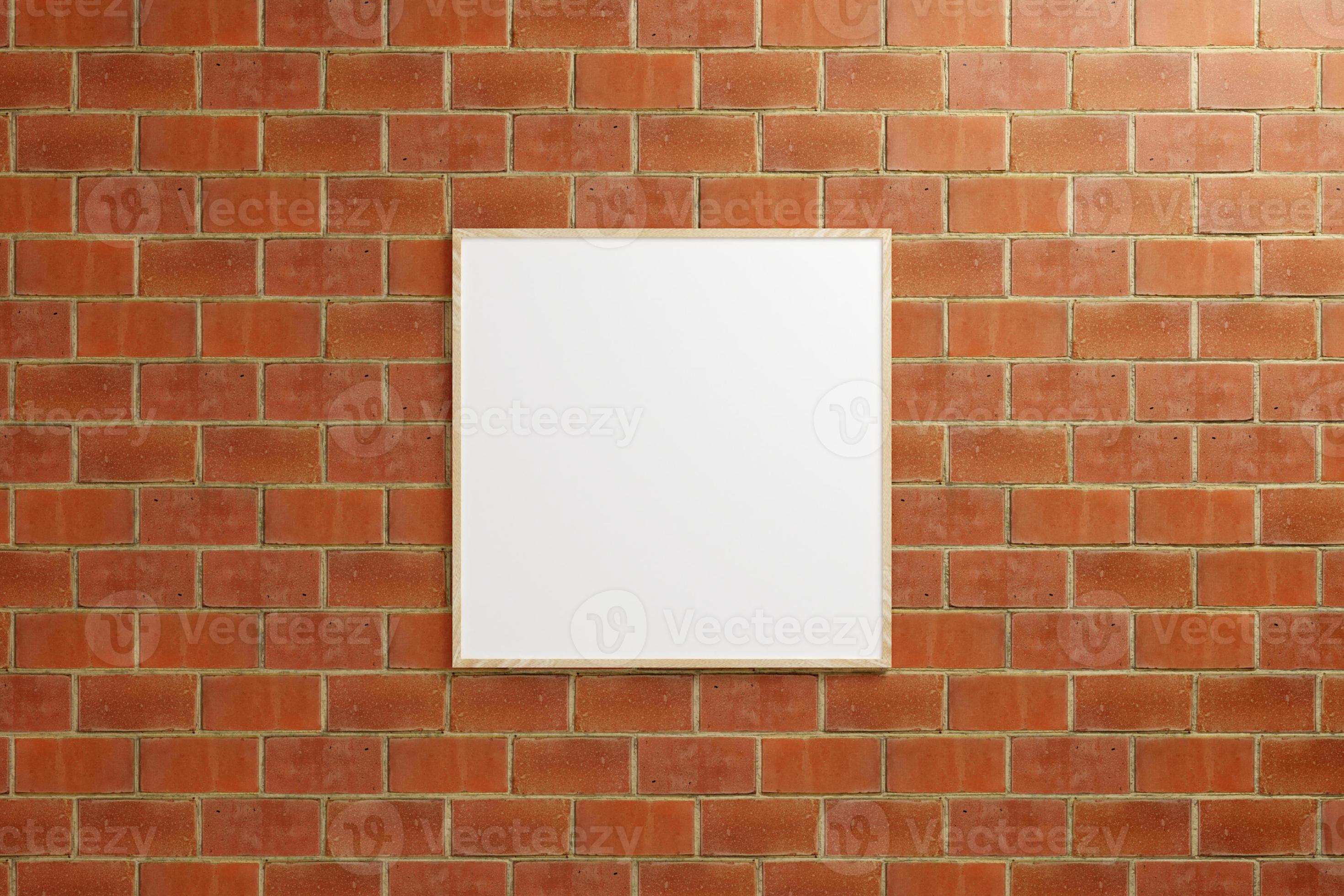 cartaz de madeira quadrado pendurado minimalista ou maquete de moldura na parede de tijolos. renderização 3D. foto