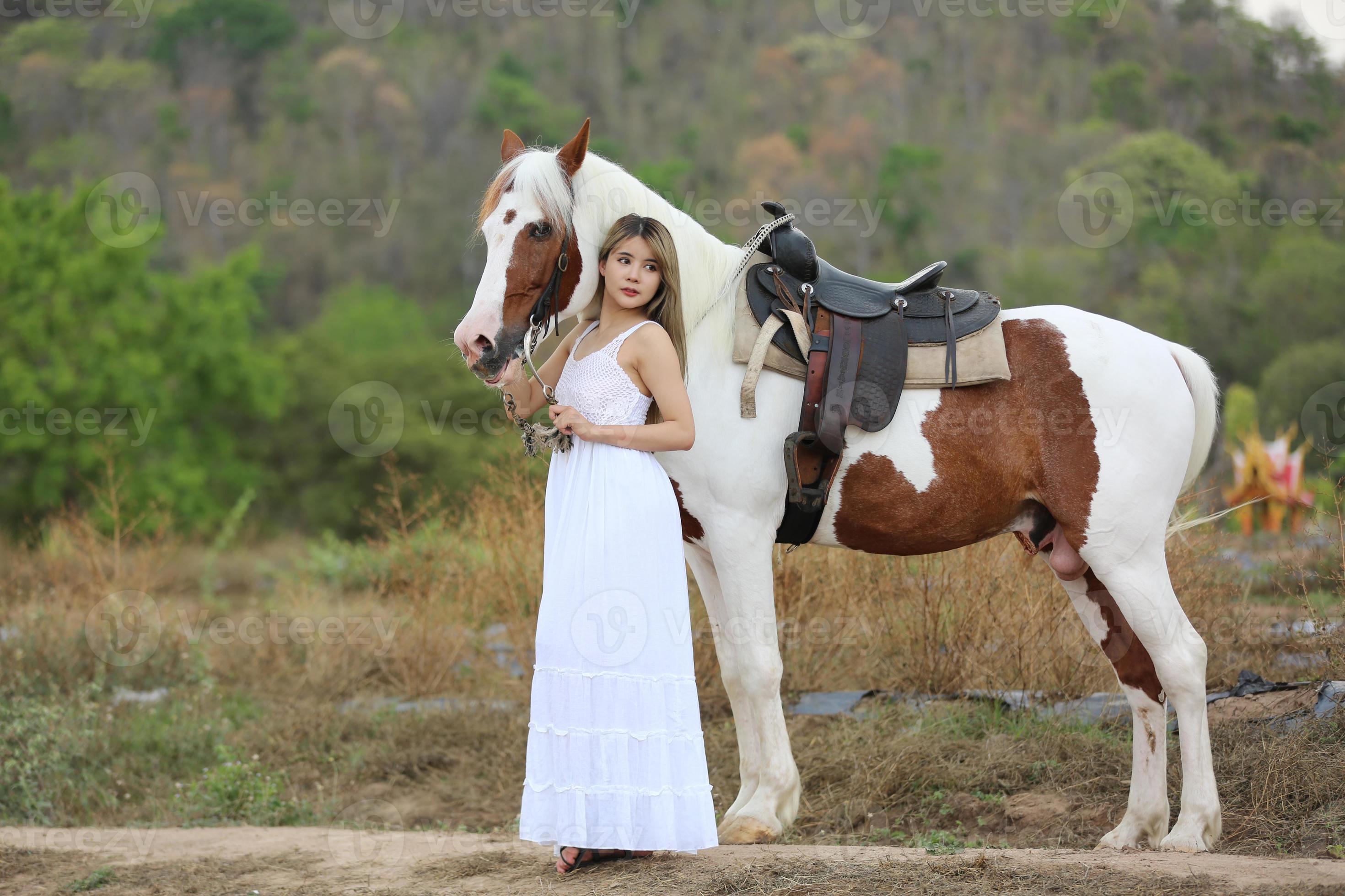 Mulher Bonita Sorrindo Em Frente Ao Cavalo No Pôr Do Sol Imagem de