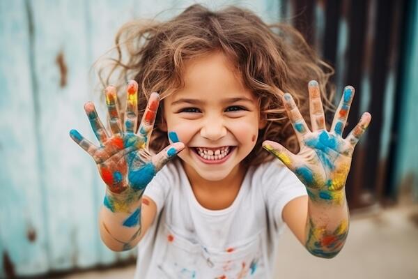 Caucasiana menina pintura com mãos coloridas pinta em casa