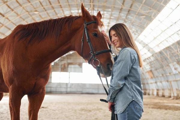 sorrindo e se divertindo. jovem em roupas jeans está com cavalo