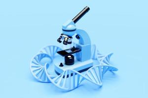 Microscópio de laboratório realista de ilustração 3D com moléculas de dna sem fundo azul. química 3d, instrumento farmacêutico, instrumento de ampliação microbiológico. foto