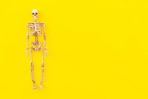 decorações mínimas de halloween, composição com monstro esqueleto assustador isolado em fundo amarelo. conceito de doces ou travessuras de celebração de halloween. espaço de cópia de vista superior plana leiga. foto
