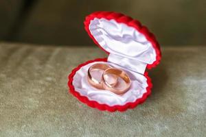 anéis de casamento para recém-casados estão em uma caixa vermelha na forma de uma concha foto