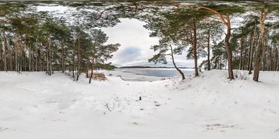 panorama esférico completo de inverno vista de ângulo de 360 graus na estrada em um parque nevado com céu cinza pálido perto do lago congelado em projeção equirretangular. conteúdo vr foto