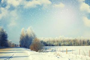 estrada na floresta de inverno. floresta de inverno congelado com árvores cobertas de neve. foto