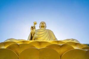 a mão da estátua de buda dourado segurando lótus no mosteiro de chon khong. foto