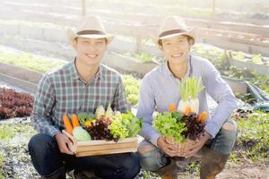 belo retrato jovem dois homens colheita e pegando horta orgânica fresca na cesta na fazenda hidropônica, agricultura para alimentação saudável e conceito de empresário de negócios. foto