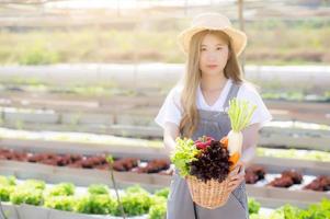 belo retrato jovem mulher asiática sorriso colheita e pegando horta orgânica fresca na cesta na fazenda hidropônica, agricultura e cultivo para alimentação saudável e conceito de negócios. foto