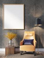 simular moldura de cartaz em fundo de parede de concreto de piso de madeira interior moderno, estilo escandinavo, estilo loft, renderização 3d, ilustração 3d foto