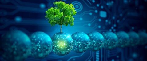 bola digital com árvore contra a natureza. conceito de ecologia, energia e meio ambiente. foto