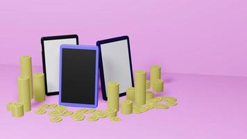 3 telefones celulares e bitcoins em fundo rosa claro, renderização 3d foto