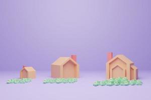 opções de compra entre casas pequenas e casas médias e casas grandes. ,orçamento para comprar uma casa, pano de fundo roxo, ilustração 3d, cor moderna, design minimalista. foto