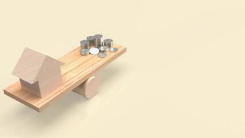 as moedas de dinheiro de equilíbrio doméstico de madeira para propriedade ou conceito de negócios renderização em 3d foto