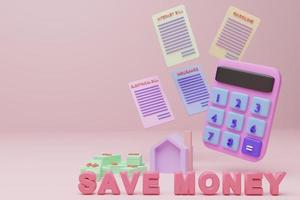 calculadora rosa pastel, contas de despesas, dinheiro, fundo rosa pastel e palavras economizam dinheiro 3d render ilustração 3d, design minimalista de cores modernas. foto
