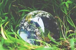 a bola de cristal com o mundo na grama. conceito de mundo e natureza foto