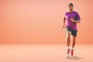 homem asiático saudável correndo em fundo colorido com copyspace. foto