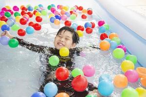 criança asiática está brincando em uma piscina de água infantil com bolas coloridas foto
