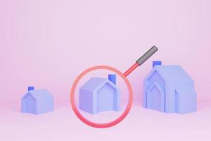 modelos de casas pequenas, médias e grandes, comparando cada tamanho de casa, lupa, modelos de casa colocados em fundo rosa, renderização 3d foto