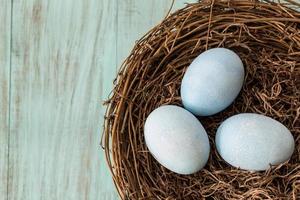 três ovos de Páscoa azuis em um ninho foto