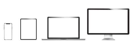 realista. conjunto de dispositivos - monitore o modelo de laptop, tablet e telefone. gadget de maquete e cor preta do dispositivo com fundo isolado de tela em branco. foto