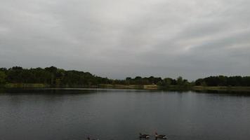 imagem aérea e de alto ângulo pássaros aquáticos bonitos estão nadando no lago stewartby da inglaterra reino unido na bela manhã ao nascer do sol foto