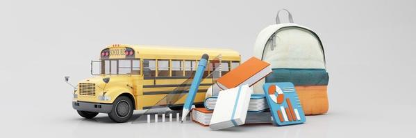 de volta à escola com material escolar e equipamentos. ônibus escolar com acessórios escolares e livros sobre desenhos animados realistas de fundo de tom laranja e azul pastel. renderização 3D, widescreen foto