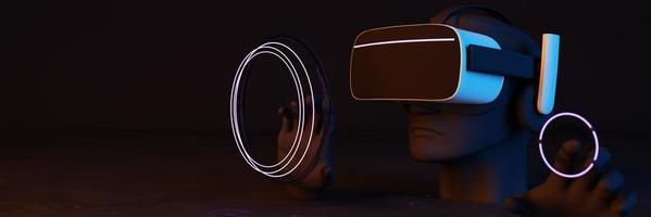 cena surrealista de uma figura abstrata de homens com óculos vr em líquido com iluminação neon. mão controlando o anel brilhante. conceito metaverse, nft, arte criativa e tecnologia. renderização 3d realista foto