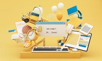 volta às aulas junte-se à aprendizagem online com material escolar e equipamento. tela de computador portátil com telefone e acessórios escolares e livros didáticos sobre fundo amarelo e azul. desenho animado -3d renderização foto