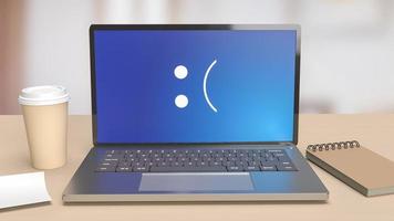 o laptop na mesa de madeira mostrando erro de tela azul renderização em 3d foto