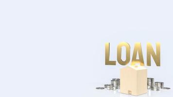 as moedas de ouro de texto de empréstimo e casa de madeira em fundo branco para o conceito de negócio 3d foto