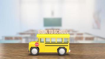 o ônibus escolar na mesa de madeira para renderização 3d de conceito de volta à escola foto