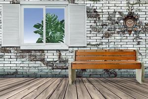 banco de madeira com janela branca e relógio cuco pendurar parede de tijolos vintage no chão de madeira foto