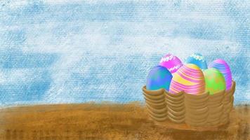 os ovos de páscoa multicoloridos na cesta para conteúdo de férias foto