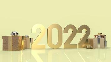 o número de ouro 2022 e caixa de presente para renderização 3d de conceito de ano novo. foto